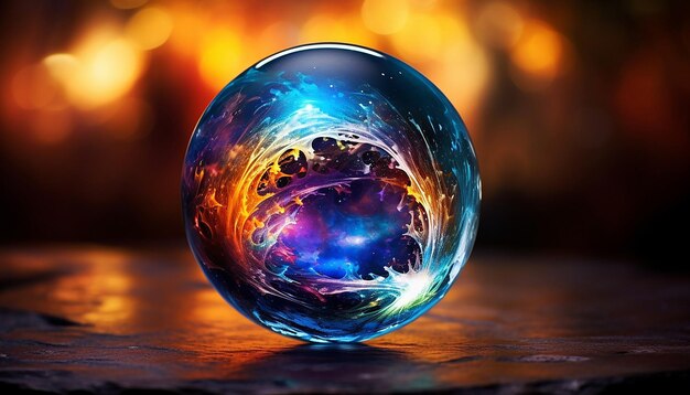 Photo a shiny gazing ball with a reflection of a bright and colourful nebula