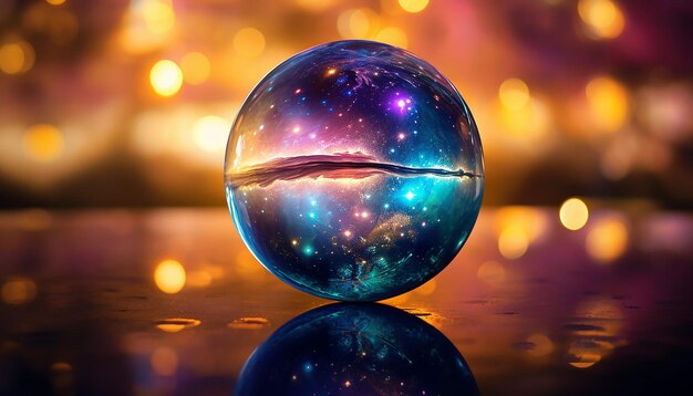 A shiny gazing ball with a reflection of a bright and colourful nebula