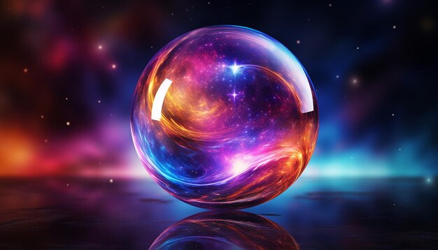 A shiny gazing ball with a reflection of a bright and colourful nebula