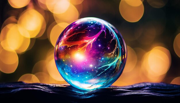 A shiny gazing ball with a reflection of a bright and colourful nebula