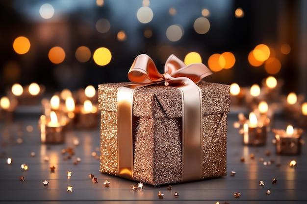 Shiny gift box with beige bow on the background of bokeh effect Generative AI