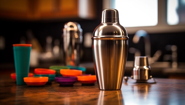 A shiny glass bottle of alcohol on a wooden table generated by ai