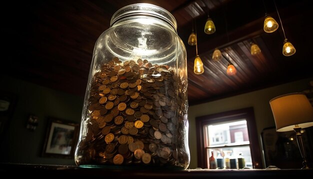 Блестящая стеклянная банка, наполненная свежими кофейными зернами для гурманов, созданная искусственным интеллектом в помещении