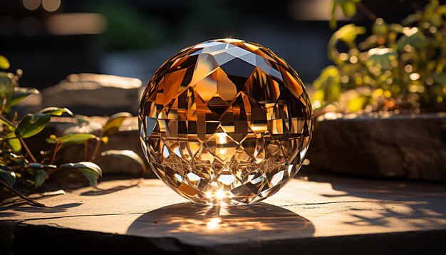 Foto sfera di vetro lucida riflette l'oro brillante natura decorazione elegante generata da ai