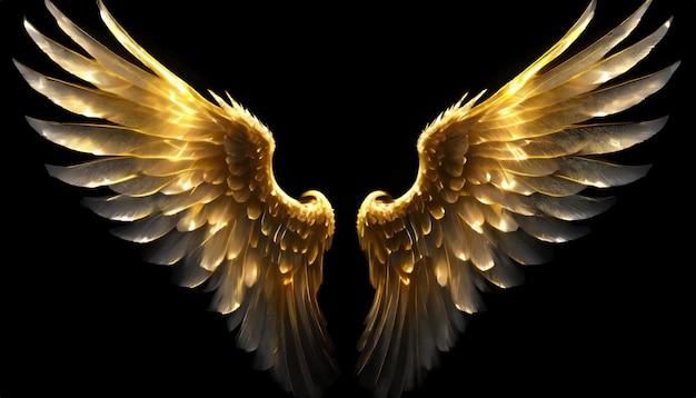 Photo shiny glowing angel wings isolated on black background