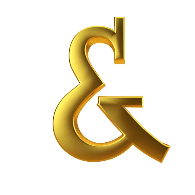 Shiny gold ampersand on a plain white background 3D Rendering