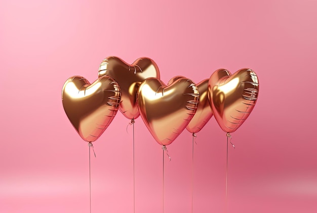 shiny gold ballons that form hearts on a pink background
