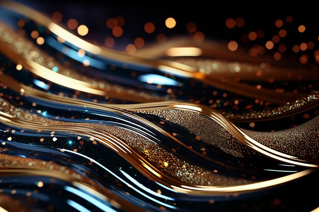 Photo shiny gold and black waves with sparkling lights in the background generative ai