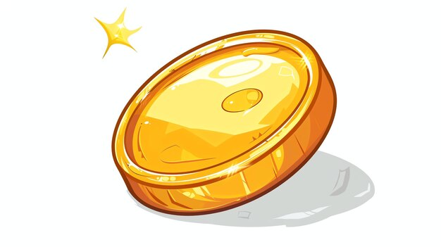 A shiny gold coin is sitting on a white surface The coin is tilted at an angle and is reflecting the light