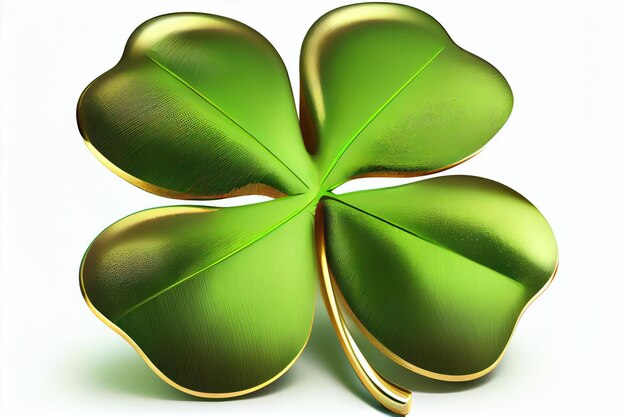 Shiny gold fourleaf green clover isolated on white background