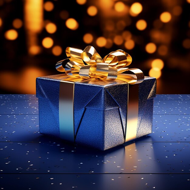 Photo shiny gold gift box wrapped with blue paper