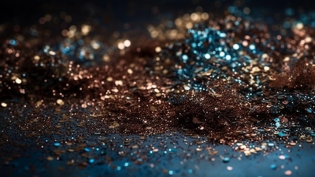 Shiny gold glitter on blue background Golden sparkles on blue backgroundgenerative ai