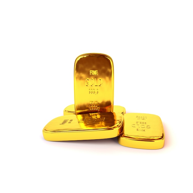 Shiny gold ingots of the highest standard on a white background. 3D illustration, render