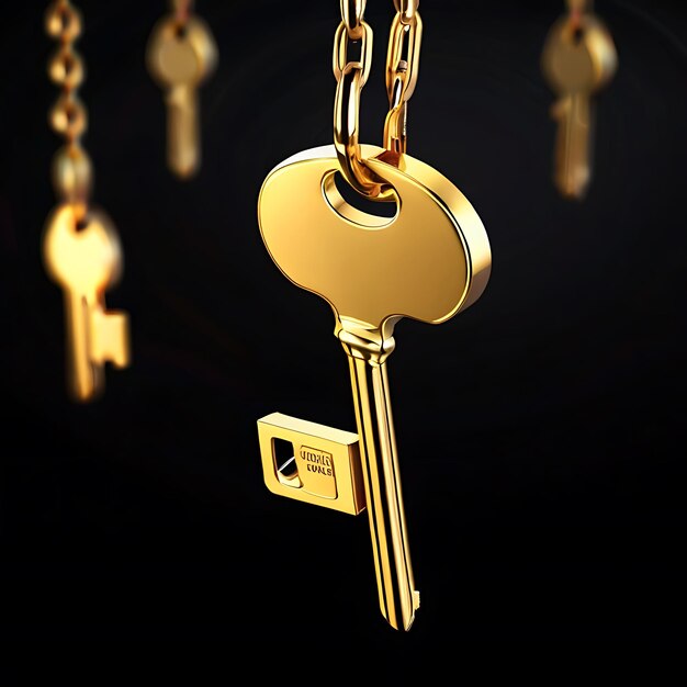 Photo shiny gold keys on chains over blurry black background genarated by ai