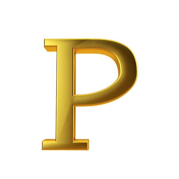 在平坦的白色背景上闪闪发光的金色字母P 3D染