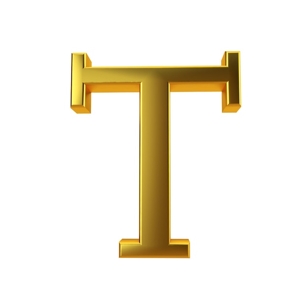 Shiny gold letter T on a plain white background 3D Rendering