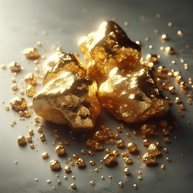 Photo shiny gold nuggets on grey surface closeup