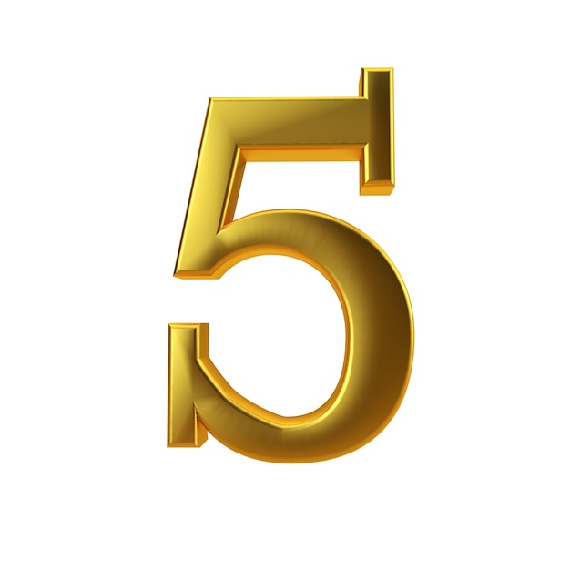 Shiny gold number 5 on a plain white background 3D Rendering