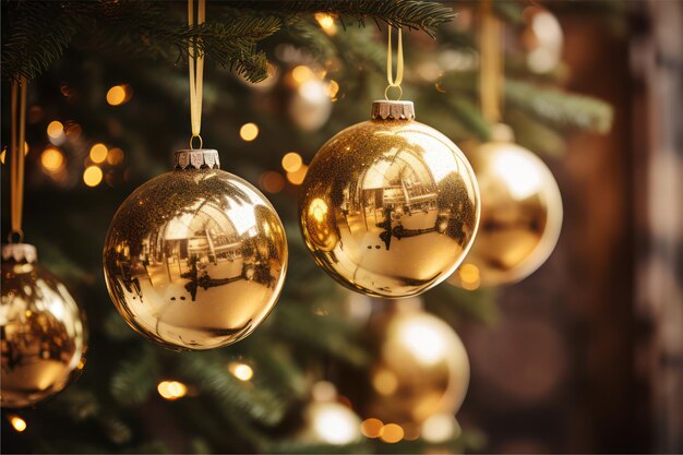 Photo shiny gold ornaments decorate glowing christmas tree