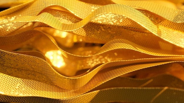 Shiny gold ribbons move quickly and slow down in space Abstract background Slow motion 3d illustration