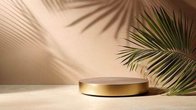 Photo shiny gold steel podium table with green palm