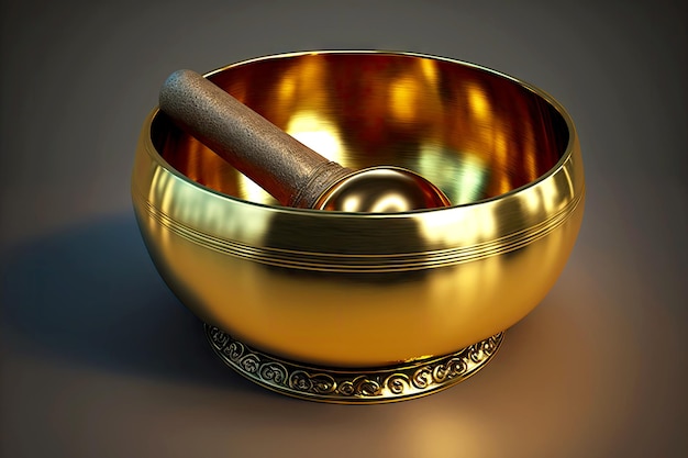 Shiny gold tibetan singing bowl with mallet on blurry background