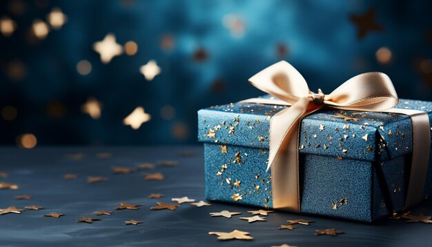 A shiny gold wrapped gift box on a blue background generated by ai