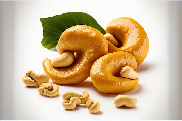 Photo shiny golden cashew on white with green leaves
