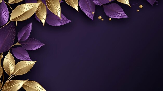 Shiny golden frame and leaves in dark purple background Generative AI