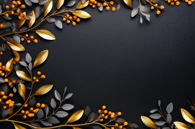 Блестящие золотые листья расположены на черном фоне с копировальным пространством