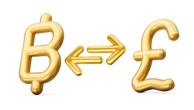 Shiny golden symbol Baht to Pound currency exchange icon with shadow 3d illustration