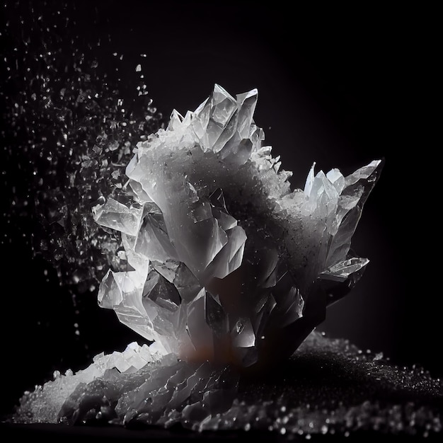 Блестящий серый кристалл соли, изолированный на черном фоне, натуральный драгоценный минеральный камень, художественный