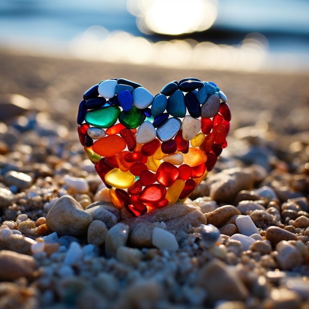 A shiny heart made out of colorful pebbles