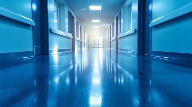 Foto corridoio dell'ospedale lucido con sfumature blu