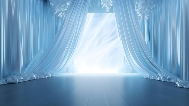 Shiny Light Blue Curtain Over White Ice for Holiday Background