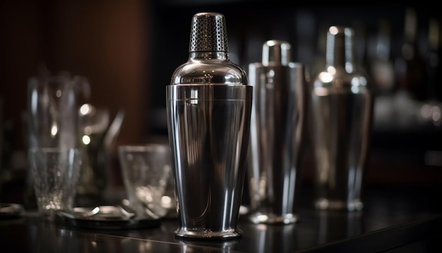 Shiny metal bar equipment reflects a clean elegant drink establishment generated by AI