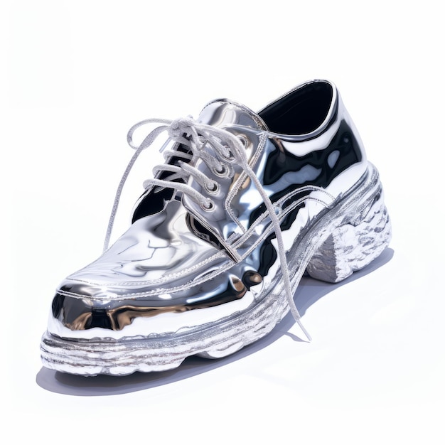 Photo shiny metal shoes with monochromatic realism and chromepunk style