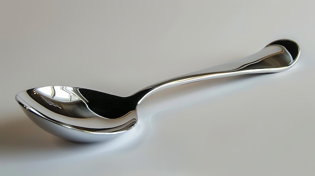 A shiny metal spoon is resting on a white table The spoon is reflecting the light from the window