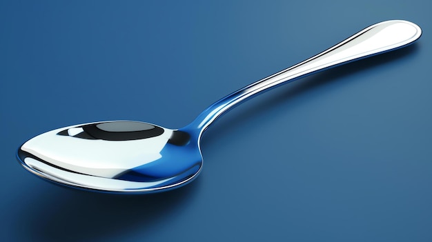 A shiny metal spoon resting on a blue table The spoon is reflecting the light from the window
