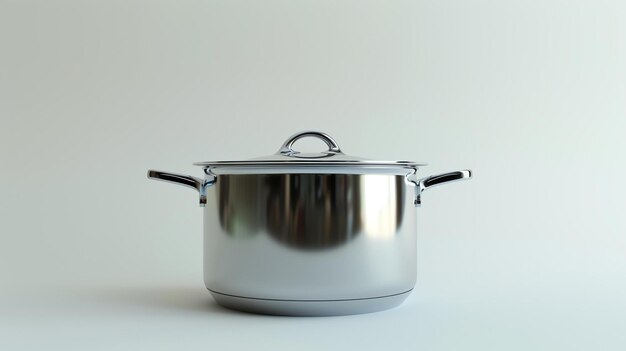 A shiny new stainless steel cooking pot with a lid is sitting on a white surface The pot has two handles and a large round bottom