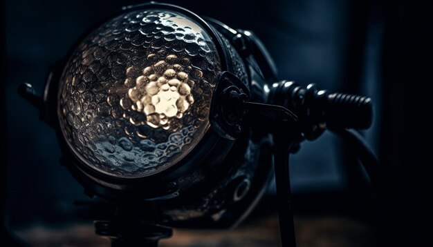 暗い金属の三脚の上に輝く古風な電気ランプが人工知能によって生成された室内で照らされています