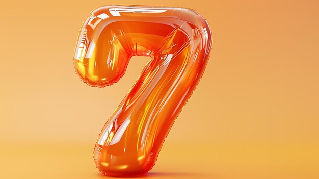 Photo a shiny orange balloon in the shape of the number 7 the balloon is on a solid orange background