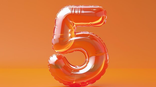 A shiny orange balloon shaped like the number five The balloon is on a solid orange background