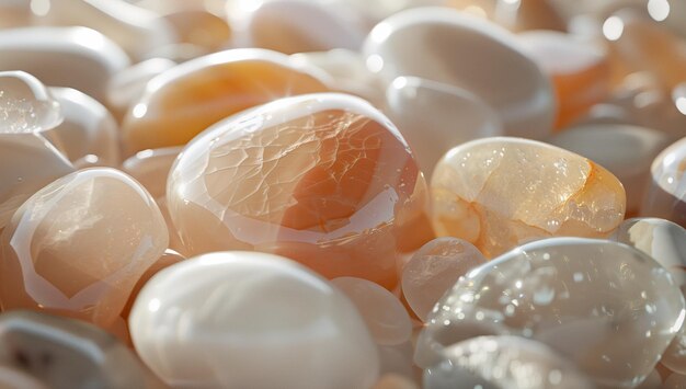 Photo shiny pebbles from the ocean in the style of light peach fuzz