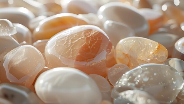 shiny pebbles from the ocean in the style of light peach fuzz