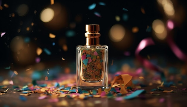 Блестящая бутылка парфюмерии взрывается с конфетами радость празднования дня рождения, созданная ИИ