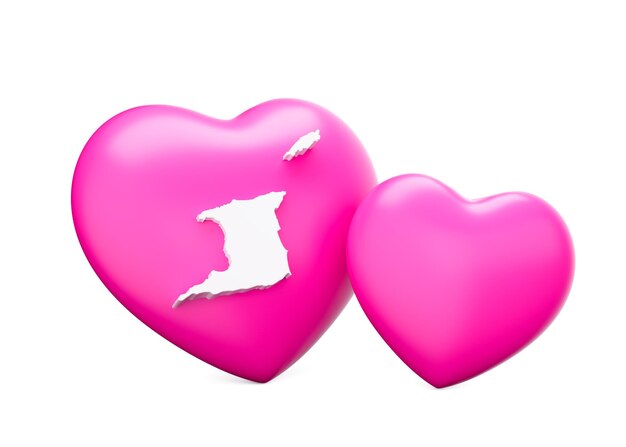shiny pink hearts with white map of trinidad and tobago isolated on white background 3d illustration