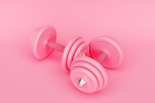 Shiny pink iron dumbbells on pink isolated background 3D rendering