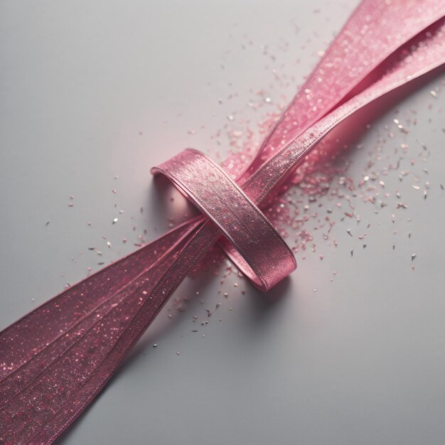 Shiny pink ribbon on grey background Festive background