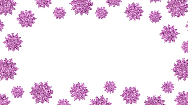 Shiny pink snowflakes frame. Festive christmas background. New Year and winter holidays. Copy space.